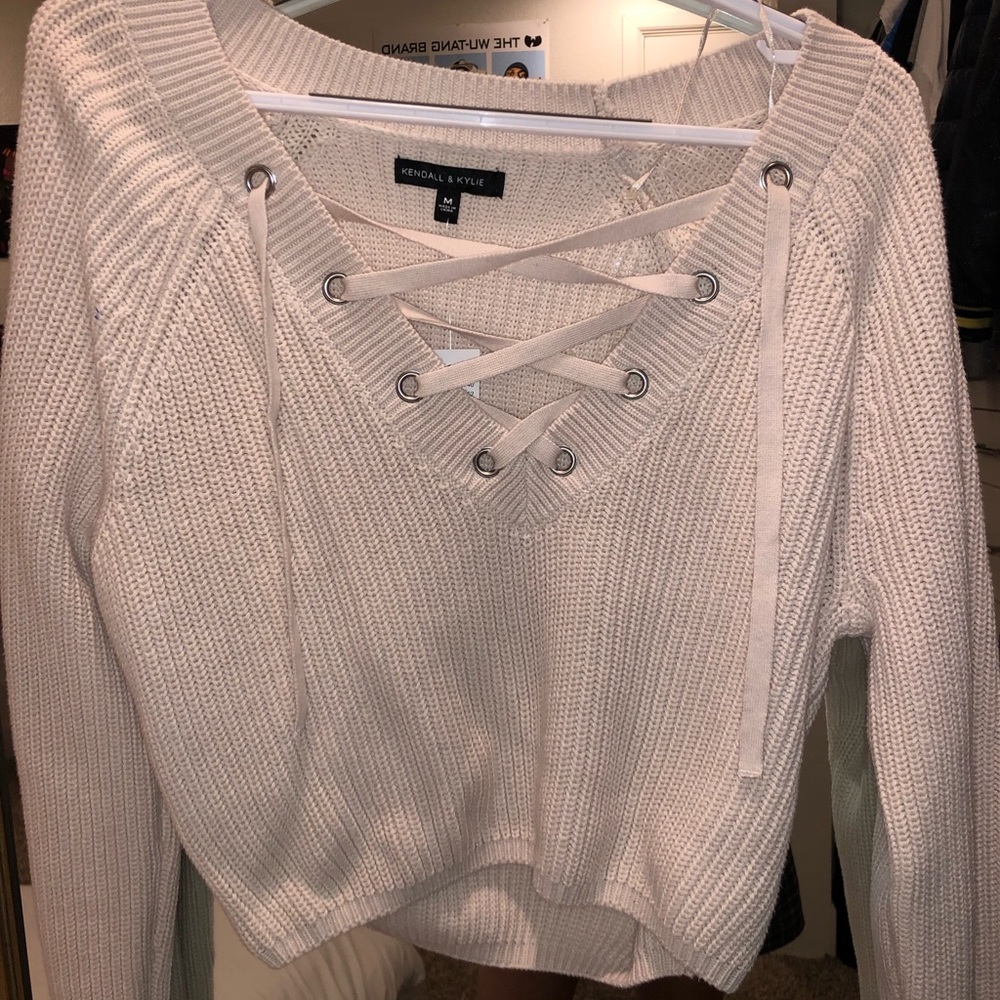 Kendall and Kylie Cropped Lace Up Sweater